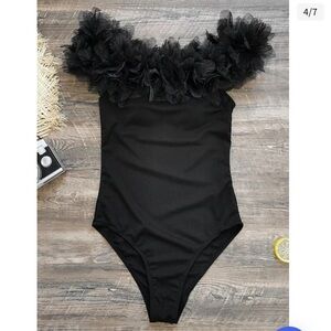 Black One Piece swimsuit with ruffled off the shoulder top